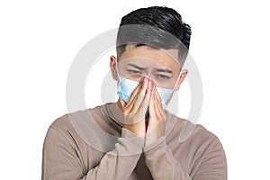 Young man in medical mask and have a stuffy nose