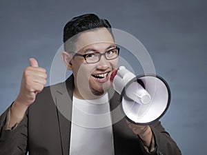 Young Man With Megaphone Advertisement Concept, Smiling Expression