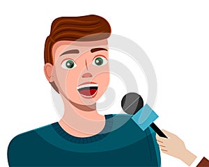 Young man with microphone, news reporter or show host. Cartoon vector character broadcaster