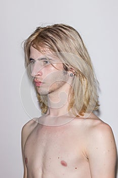 Young man model snapshot polaroid side view