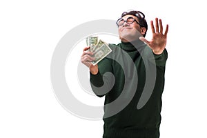 The young man with money isolated on white