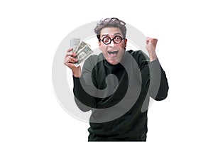 The young man with money isolated on white
