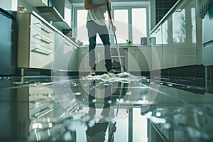 Young man mopping floor in modern kitchen