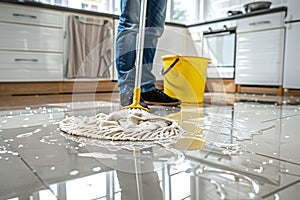 Young man mopping floor in modern kitchen