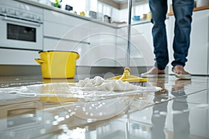 Young man mopping floor in kitchen