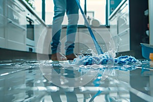 Young man mopping floor in kitchen