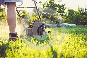 Young man mowing the grass