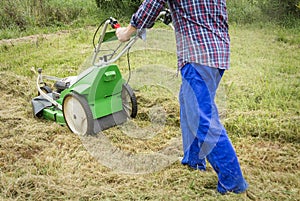Young man mowing the lawn with a lawnmower