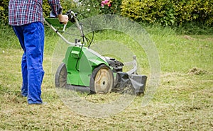 Young man mowing the lawn with a lawnmower