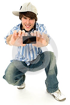 Young man with mp3 player photo