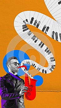 Young man, musician playing saxophone against abstract yellow background. Classical concert. Contemporary art collage.