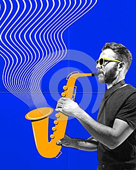 Young man, musician playing saxophone against blue abstract background. Classical concert. Contemporary art collage.
