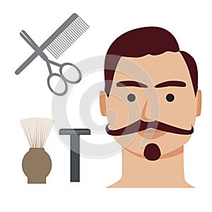 Young man with a mustache or hipster after cutting a beard at the hairdresser or barbershop, flat vector stock illustration with