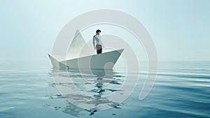 Young man navigate on paper boat photo