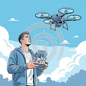 A young man operates a quadcopter drone using a remote control with a screen. He is