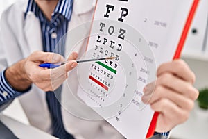 Young man optician holding snellen test at clinic