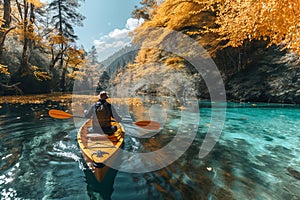 Young man is paddling a canoe on forest river.