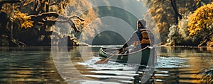 Young man is paddling a canoe on forest river.