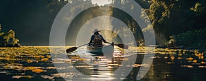 Young man is paddling a canoe on forest river.