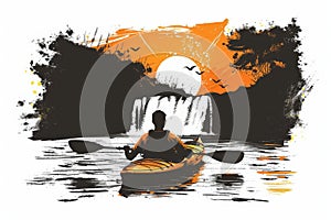 Young man paddling silhouette with Kayaking on the river for waterfall vector illustration on white background