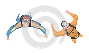 Young Man Paratrooper Free-falling in the Air with Parachute Vector Set