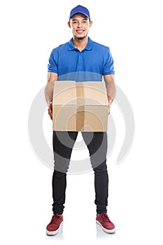 Young man parcel delivery service box package order delivering full body portrait isolated on white