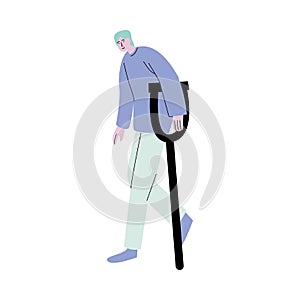 Young man patient walking with crutches after visiting doctor