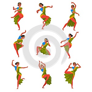 Young Man Performing Folk Dance Set, Smiling Indian Dancer Character Dancing in Traditional Clothes Vector Illustration