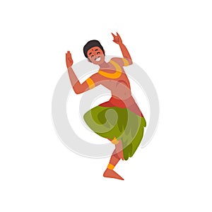 Young Man Performing Folk Dance, Smiling Indian Dancer Character in Traditional Clothes Vector Illustration