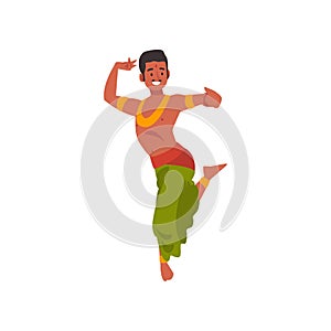 Young Man Performing Folk Dance, Smiling Indian Dancer in Traditional Clothes Vector Illustration