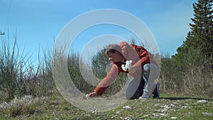 Young man picks up white Stellaria flowers on green meadow