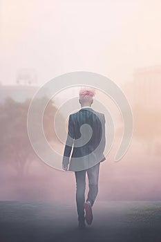 young man with pink died hair and suite. k-pop culture. photo