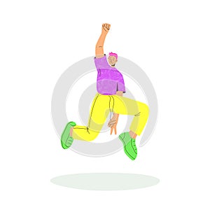 Young man with pink hair jumping. Trendy colorful flat style. Vector illustration. International day of young people