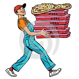 Young man pizza boy, food delivery isolate on white background