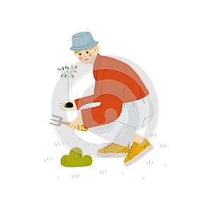 Young Man Planting Seedling, Guy Working in Garden or Farm Vector Illustration