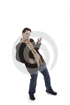 Young man playing air guitar