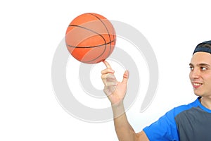 Young man playing basketball isolated