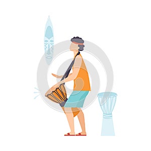 Young Man Playing Ethnic Drum, Guy Playing Djembe Vector Illustration