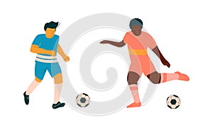 Young Man Playing Football or Soccer Moving the Ball Running Around Pitch Scoring Goals Vector Set