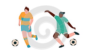 Young Man Playing Football or Soccer Moving the Ball Running Around Pitch Scoring Goals Vector Set