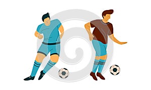 Young Man Playing Football or Soccer Moving the Ball Running Around Pitch Scoring Goals Vector Set