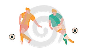 Young Man Playing Football or Soccer Moving the Ball Running Around Pitch Scoring Goals Vector Set