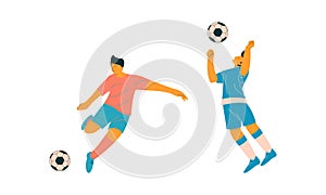 Young Man Playing Football or Soccer Moving the Ball Running Around Pitch Scoring Goals Vector Set