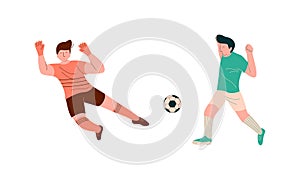 Young Man Playing Football or Soccer Moving the Ball Running Around Pitch Scoring Goals Vector Set