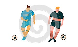 Young Man Playing Football or Soccer Moving the Ball Running Around Pitch Scoring Goals Vector Set