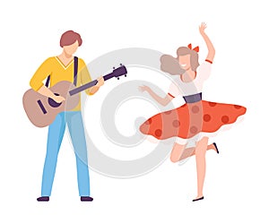 Young Man Playing Guitar and Beautiful Girl Dancing, Musician Performing on Fair, Family Party Outdoors Flat Style