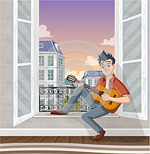 Young man playing guitar in the window. Music in the city.