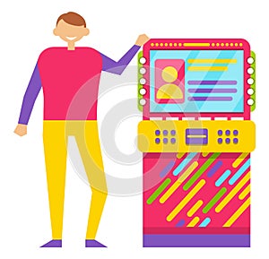 Young Man Playing Retro Arcade Game Machine Vector
