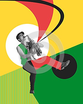 Young man playing saxophone against multicolored abstract background. Jazz festival. Contemporary art collage.