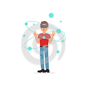 Young man playing space video game in virtual reality with VR headset, gaming cyber technology concept vector